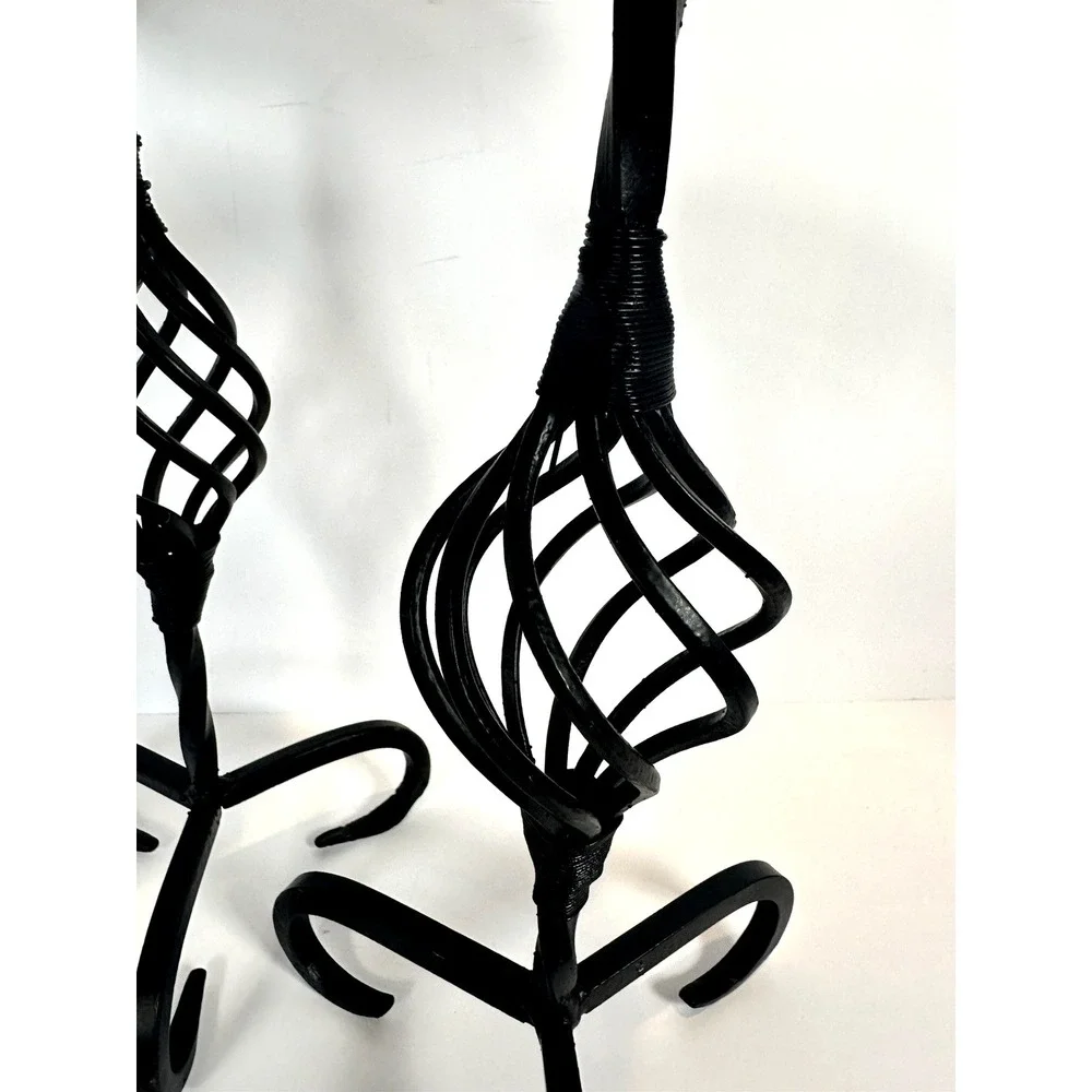 Wrought Iron Candle Holder Set 2 Pedestal Stands Twisted Metal Black